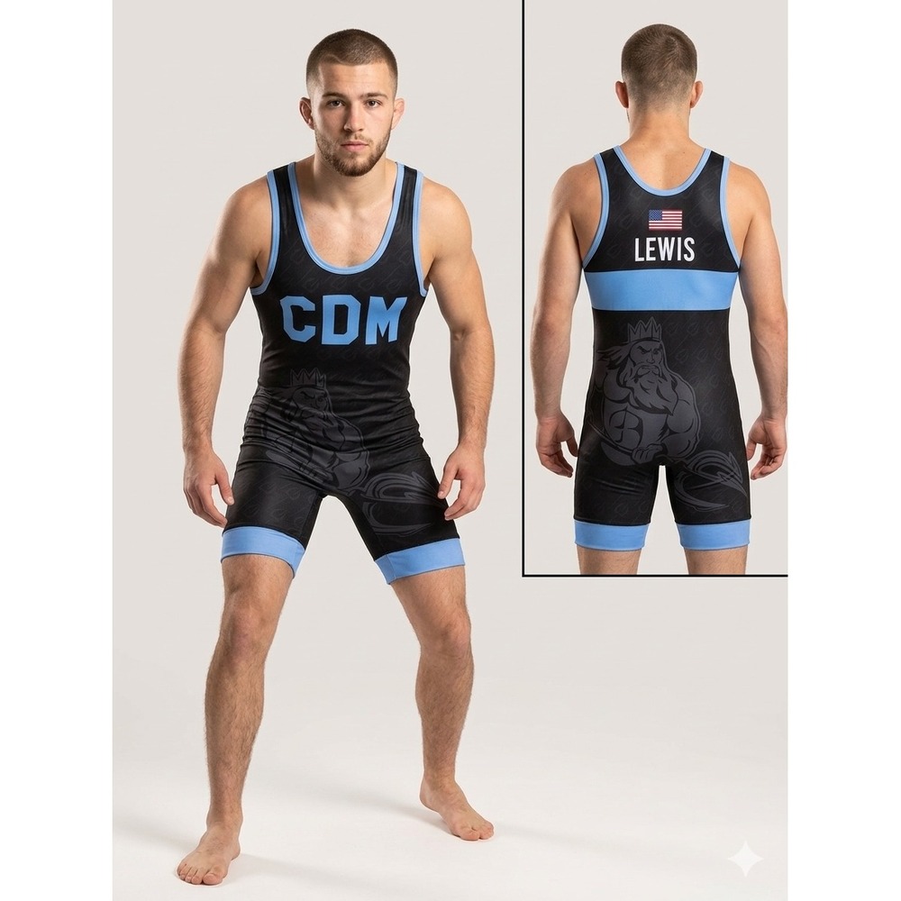 Matman Wrestling Singlet Mens Small‎ Black Blue CDM Neptune Trident USA Made